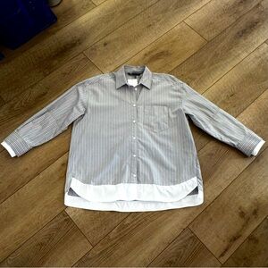 Women's Gray White Striped Button Down Blouse Top Size M Oversized Preppy Office